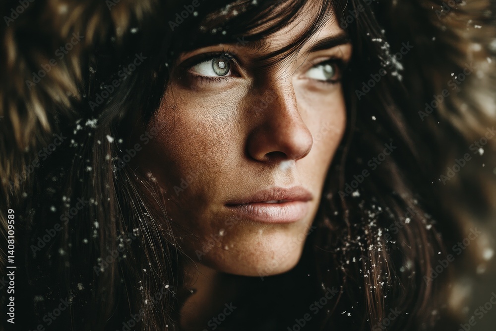 Snow gently falling on a woman with a fur-lined hood gazing into the distance during a winter afternoon Snow gently falling on a woman with a fur-lined hood gazing into the distance during a winter afternoon