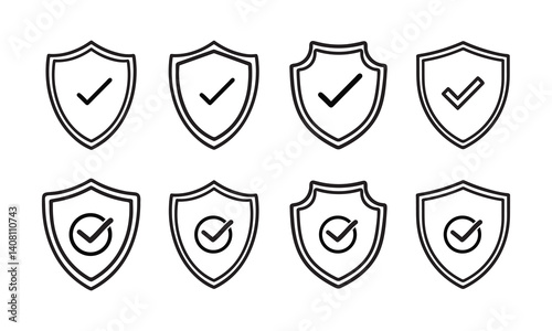 Shield icon line art icon set with checkmarks vector.  
 Protection, Security and Trust icon vector on white background.