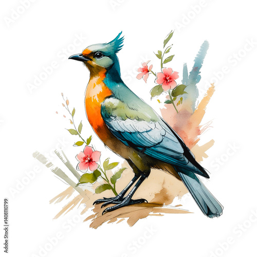 A vibrant watercolor bird stands out against a clean white background, showcasing its bright and lively colors.