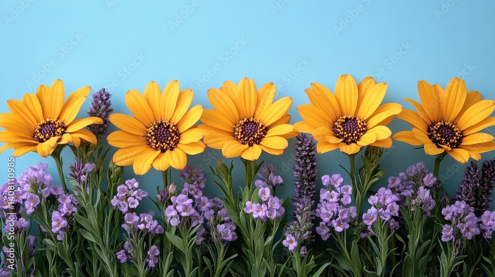 Fototapeta premium yellow,purple flowers on pastel blue background spring concept,stock photo
