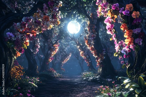 An enchanted grove where each tree is draped in colorful, delicate orchids under a bright moon.