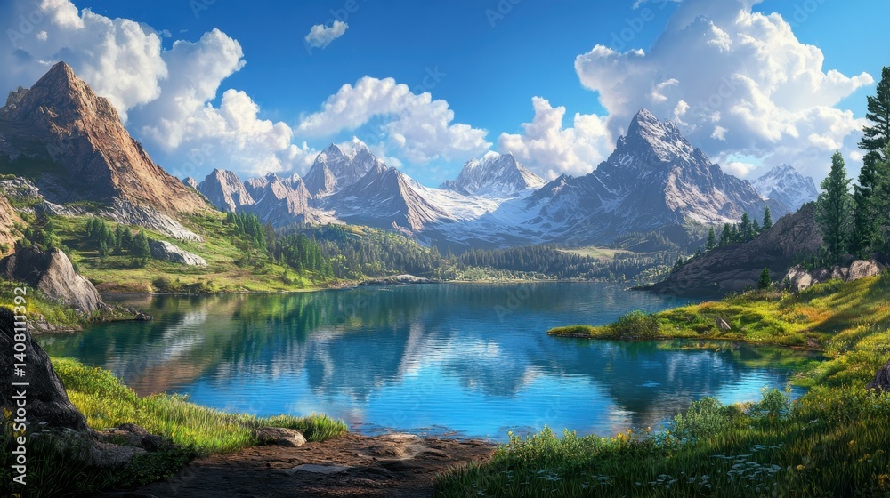 Serene mountain lake, reflecting sky, lush vegetation.
