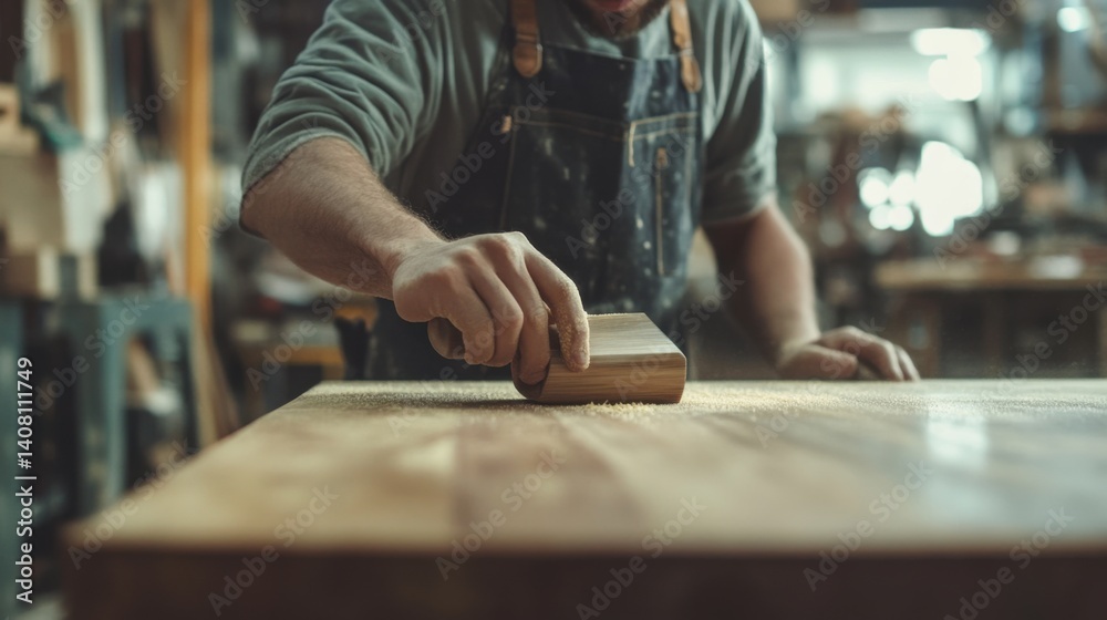 Carpenter sanding a wooden surface in a workshop. Featuring craftsmanship and focus Carpenter sanding a wooden surface in a workshop. Featuring craftsmanship and focus