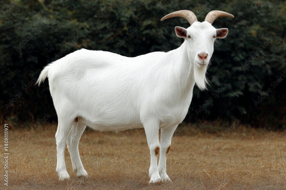 White goat standing confidently in a grassy field during a sunny day White goat standing confidently in a grassy field during a sunny day