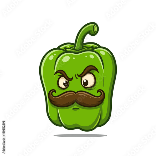 Angry Green Pepper with Mustache Cartoon