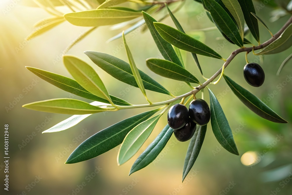 Fresh olive branch with vibrant green leaves and ripe black olives captured in soft sunlight during a tranquil afternoon Fresh olive branch with vibrant green leaves and ripe black olives captured in soft sunlight during a tranquil afternoon