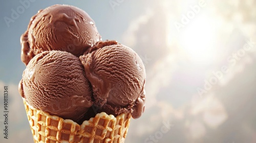 Delicious Chocolate Ice Cream in a Waffle Cone against a Sunny Sky