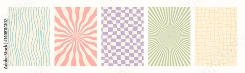 Abstract psychedelic retro backgrounds set. Groovy patterns in pastel retro c...