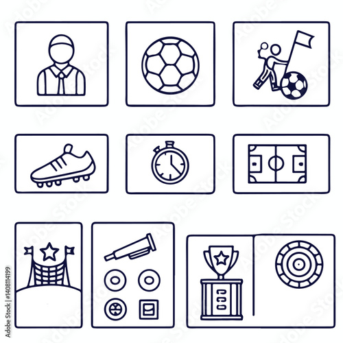 Simple Line Icons of Football Game Elements – Soccer Outline Symbols of Players, Referees, Equipment, and Field