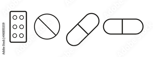 Pills or capsules line icon set vector isolated on white background 