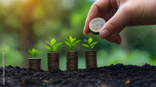 stacking coins next to a plant growing taller with each added stack 
