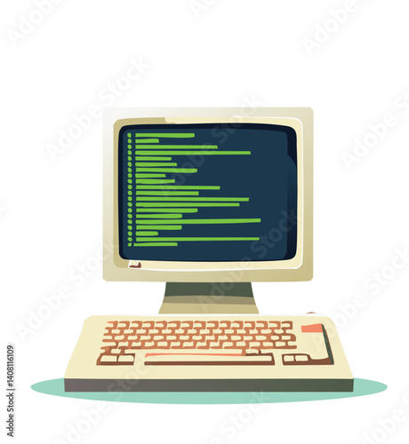 Vintage Computer with Green Screen Code Display in Retro Workspace

