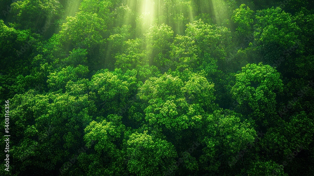 Obraz premium Lush green forest canopy, sunlight filtering through