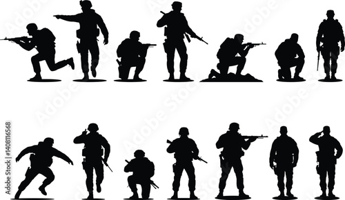 set of diverse soldier action and stance silhouettes ideal for military vector packs, game asset libraries, tactical design elements, and combat-themed graphic resources