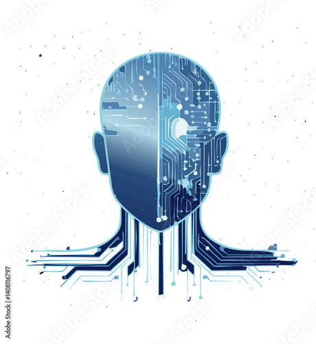 Futuristic half-human half-cyborg woman with digital circuit patterns in AI concept

