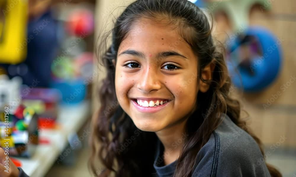 Young girl smiles while engaging in a creative activity with colorful tools in an educational setting
