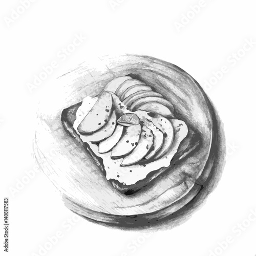 Avocado toast with apple slices on a wooden plate, perfect for illustrating healthy lifestyle concepts  