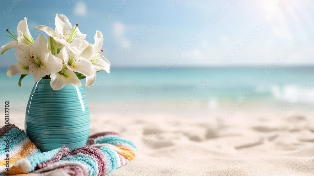A lovely scene featuring white lilies in a stylish vase, resting on beach towels amidst a calm ocean backdrop and warm, inviting sandy shore.