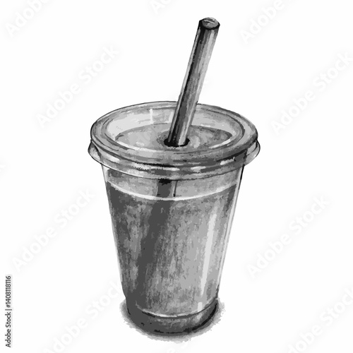 Vector monochrome drawing of a drink cup with bamboo straw