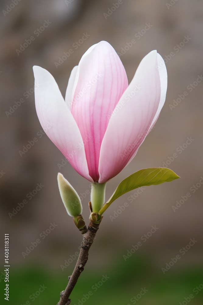 Fototapeta premium A pink flower with a green stem. The flower is in the middle of the image and is the main focus