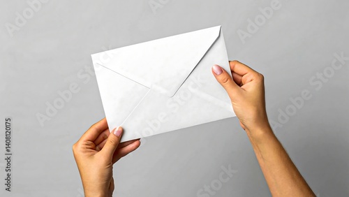 Hands holding white envelope on gray background representing message communication and mailing concept
