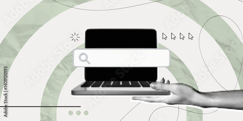 Trendy Halftone Collage Hand hold Laptop with search bar and cursor. Online search job. Seo marketing and business announce. Find information in internet browser. Contemporary vector illustration art