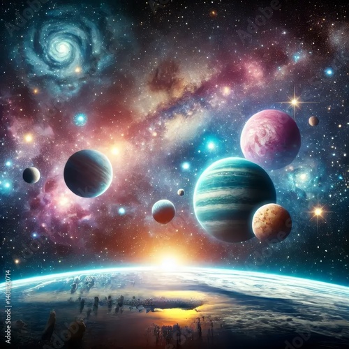 A breathtaking 3D depiction of a vibrant galaxy with numerous planets and a stunning sunrise over Earth, all rendered in incredible 4K detail, showcasing cosmic beauty.