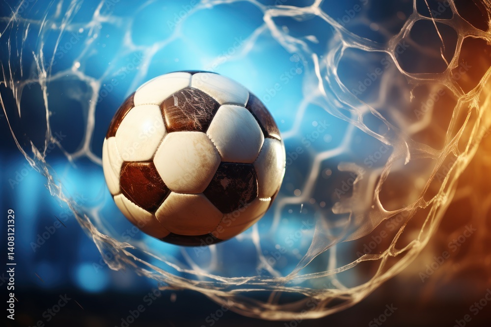 Naklejka premium Soccer ball in a net on a bokeh background. 3d illustration. Soccer ball in goal net on blue background. 3d illustration. Goal. Soccer Football Concept with copy space. Sport concept with copy space.