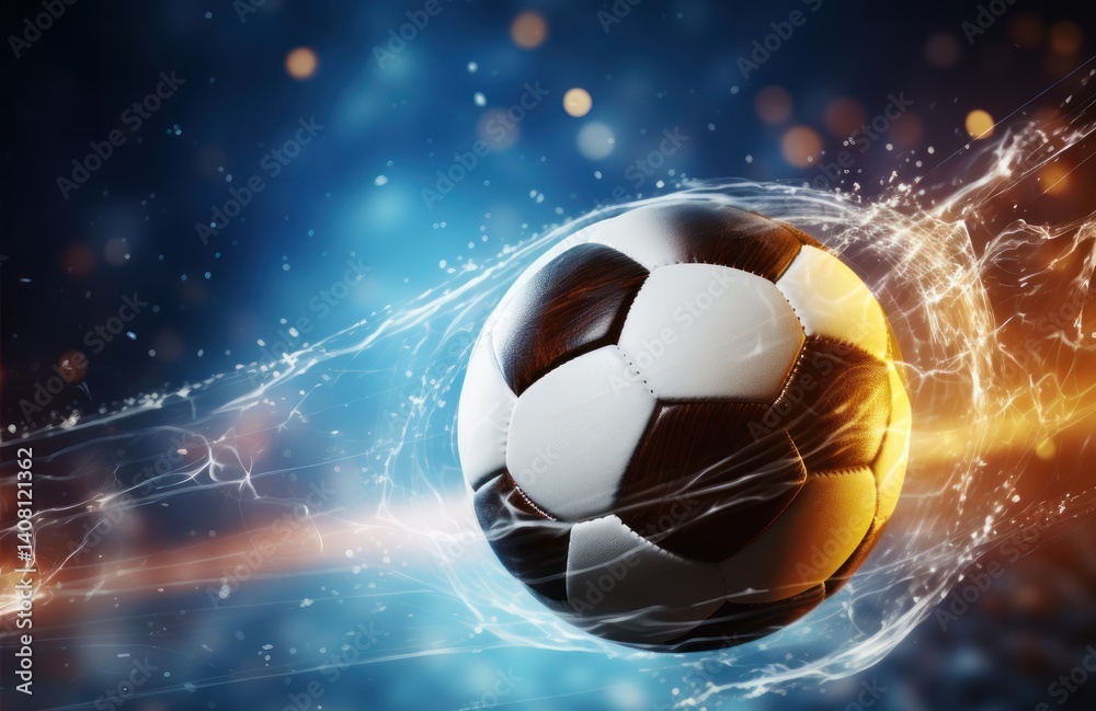 Fototapeta premium Soccer ball in a net on a bokeh background. 3d illustration. Soccer ball in goal net on blue background. 3d illustration. Goal. Soccer Football Concept with copy space. Sport concept with copy space.