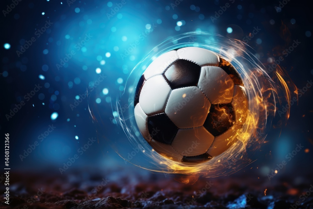Fototapeta premium Soccer ball in a net on a bokeh background. 3d illustration. Soccer ball in goal net on blue background. 3d illustration. Goal. Soccer Football Concept with copy space. Sport concept with copy space.