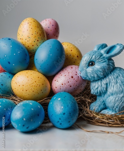 Adorable blue Easter bunny with colorful painted eggs. Adorable blue Easter bunny with a yellow bow sitting next to colorful painted eggs against a grey wall