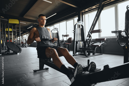 Konstfotografi Handsome male practicing on rowing machine in fitness gym