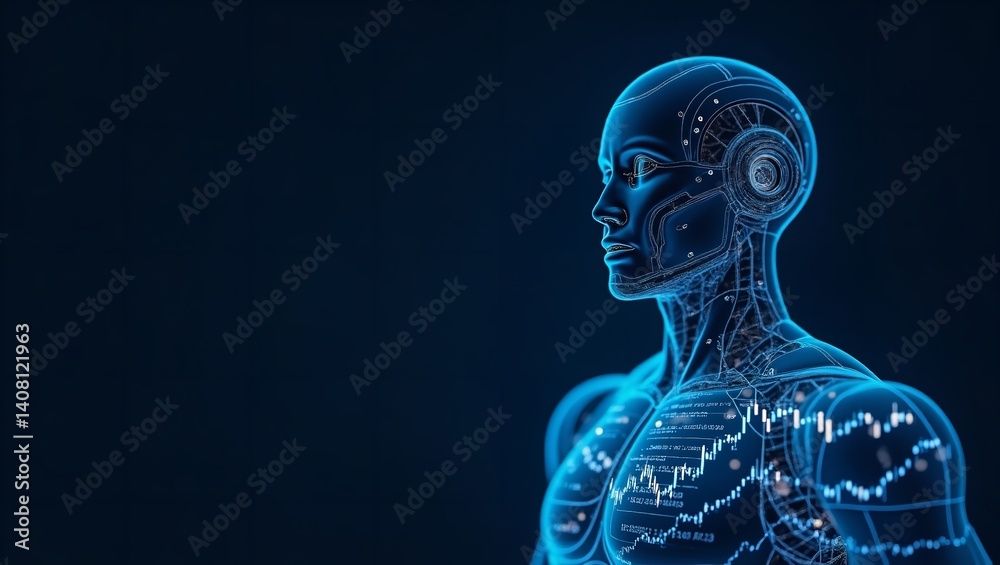 Futuristic AI man digital body glowing blue data streams dark background technological marvel