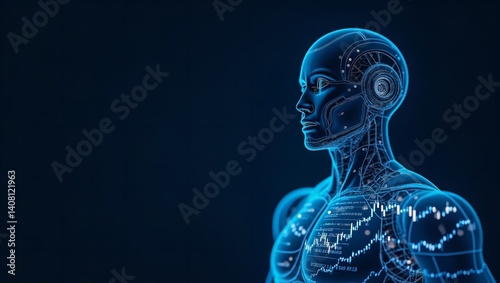 Obraz na płótnie Futuristic AI man digital body glowing blue data streams dark background technological marvel w salonie