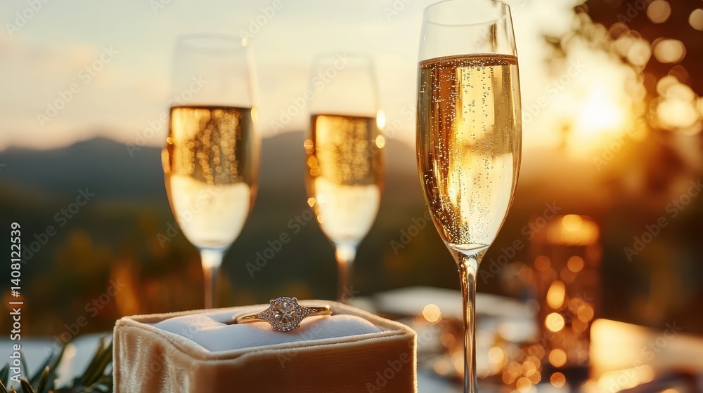 An exquisite engagement ring showcased on a velvet cushion alongside two flutes of sparkling champagne, set against a breathtaking sunset that enhances the romance.