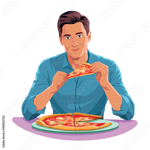 Happy man eating pizza and feel happy. Vector Illustration