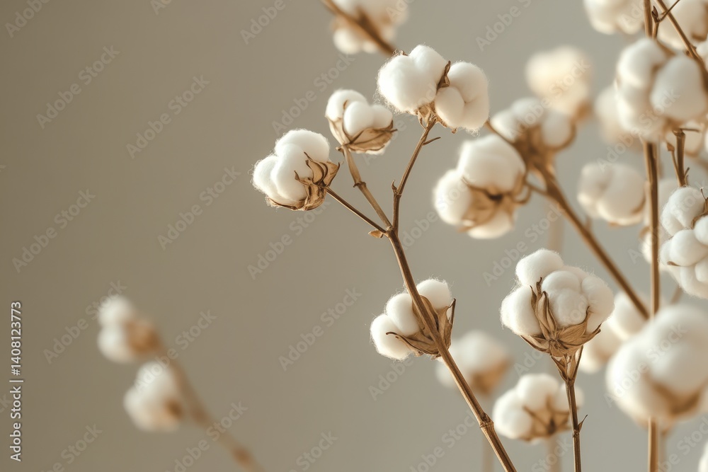 Cotton plant branches with fluffy white bolls against a neutral background showcasing natural beauty and texture in a minimalist setting, cotton beauty concept Cotton plant branches with fluffy white bolls against a neutral background showcasing natural beauty and texture in a minimalist setting, cotton beauty concept