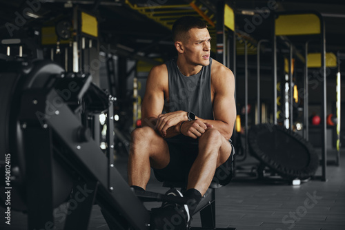 Tired fit man with a well built body takes a breather after an intense rowing machine workout in a gym. His determined expression showcases the dedication and hard work involved in his fitness routine