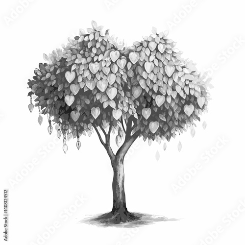 Vector illustration of a heart-leaved tree, black and white, nature design