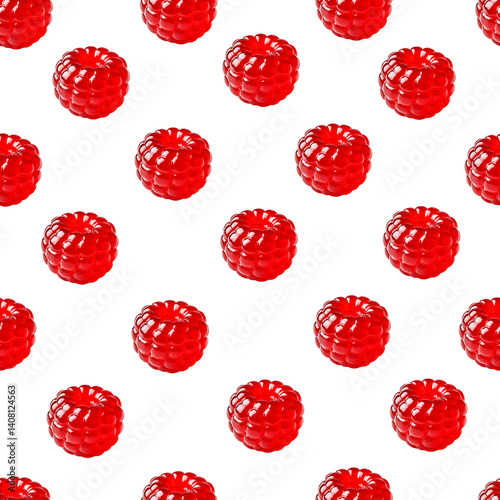 Glossy candy bars shaped like bold red raspberry. Seamless pattern with dessert on a white background.