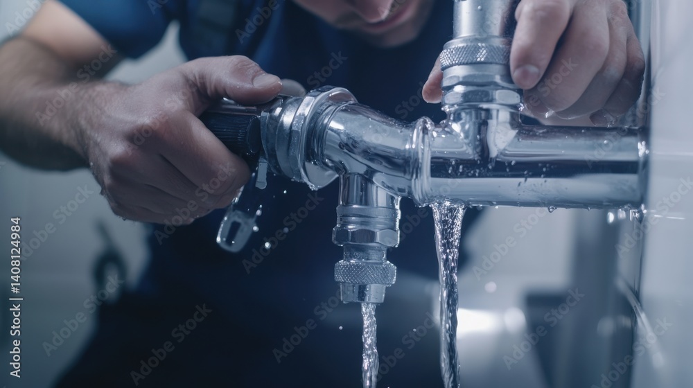 Plumber fixing a broken water pipe under a bathroom sink. Featuring pipe repairs and leak prevention Plumber fixing a broken water pipe under a bathroom sink. Featuring pipe repairs and leak prevention