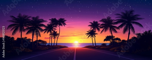 Pixel art illustration of a coastal highway during nighttime with fireworks and palm trees