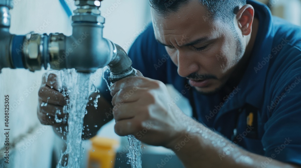 Hispanic plumber fixing a burst water pipe in a basement. Featuring plumbing and emergency repair Hispanic plumber fixing a burst water pipe in a basement. Featuring plumbing and emergency repair