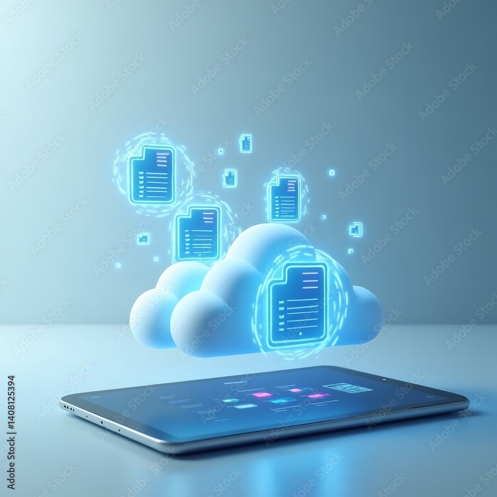 Cloud data storage Secure document access on tablet glowing blue icons futuristic tech