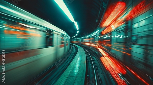 Cinematic angle of a moving train crossing an underground junction, futuristic lighting, blur and clarity contrast, dynamic urban realism, no people