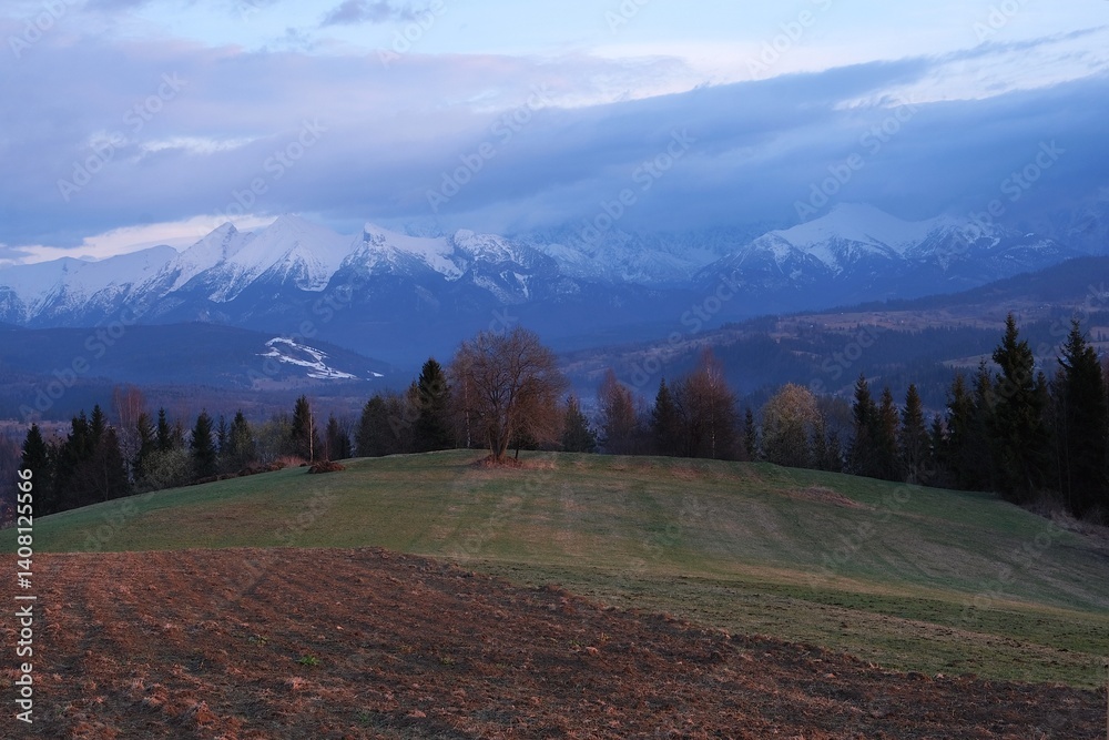 Panorama from Litwinka peak (Czarna Gora) with snow-capped Tatras mountains, Lesser Poland, Poland