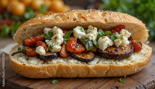 Artisanal Mediterranean Sandwich with Roasted Vegetables and Feta Cheese Against Fresh Herb Background