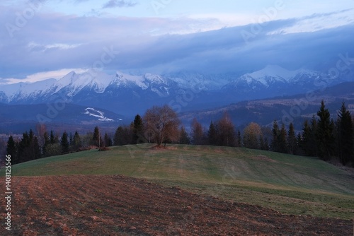 Obraz na płótnie Panorama from Litwinka peak (Czarna Gora) with snow-capped Tatras mountains, Lesser Poland, Poland w salonie