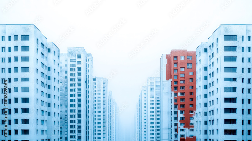 Identical residential buildings creating urban landscape with one standing out Identical residential buildings creating urban landscape with one standing out