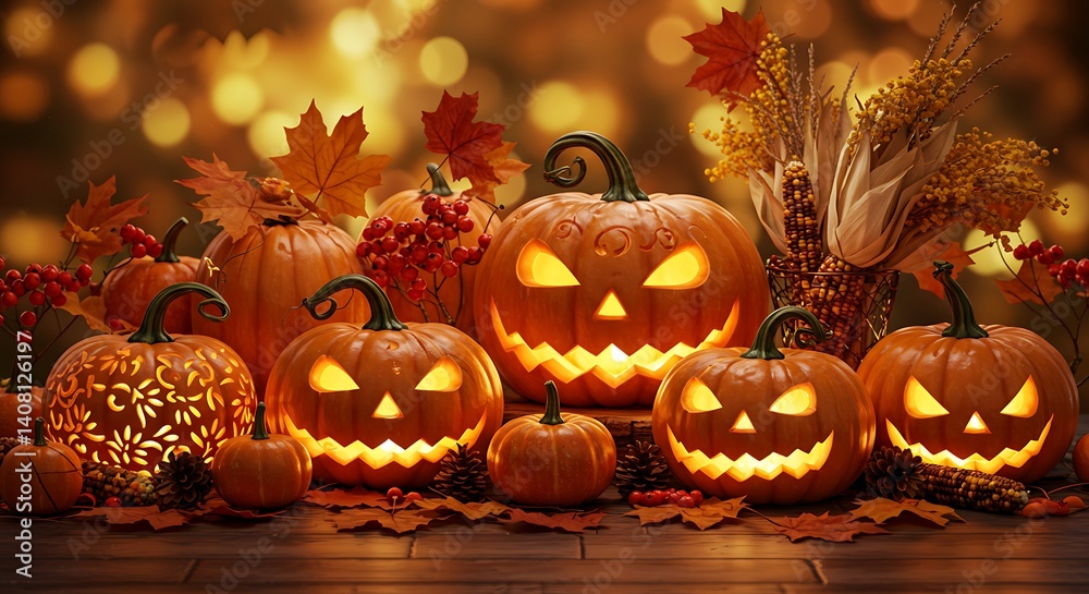 Glowing Jack-o'-Lanterns: Autumn Harvest Glow AI Generated Glowing Jack-o'-Lanterns: Autumn Harvest Glow AI Generated